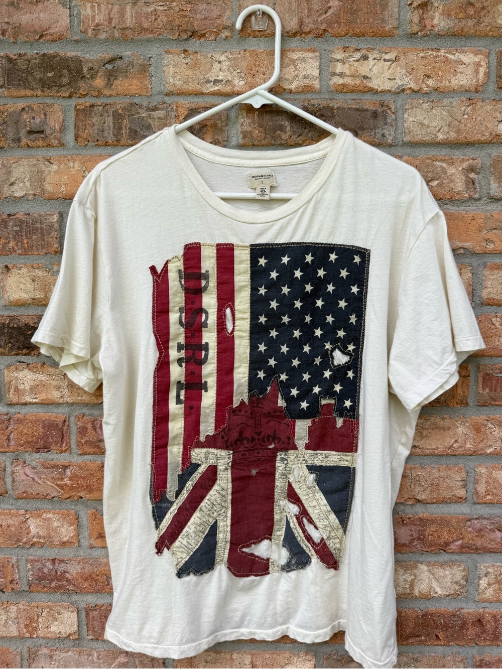 Denim & Supply Ralph Lauren Cream Short-Sleeve Graphic Tee with Red & Blue Flags
